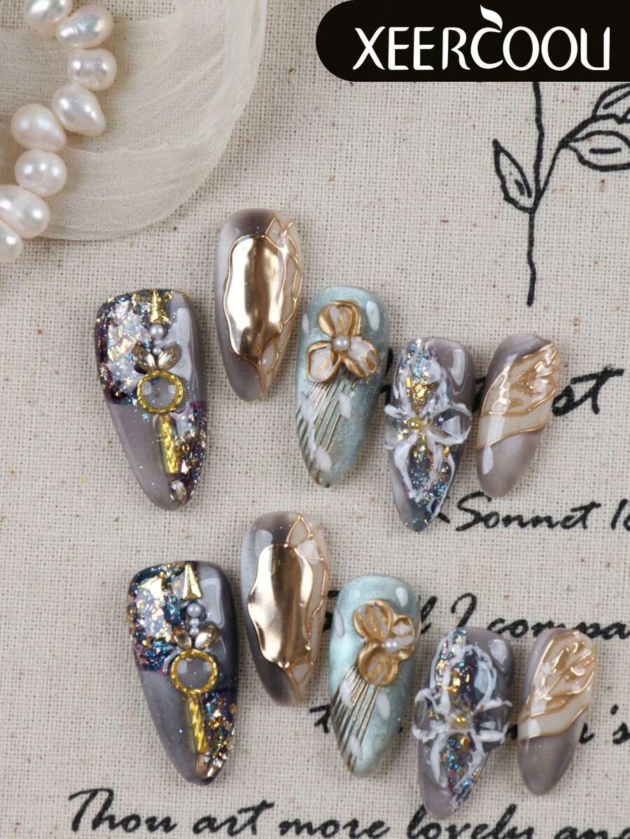 10pcs Long Almond Shaped Purple Cat Eye Green Gold Mirror Effect Press ...