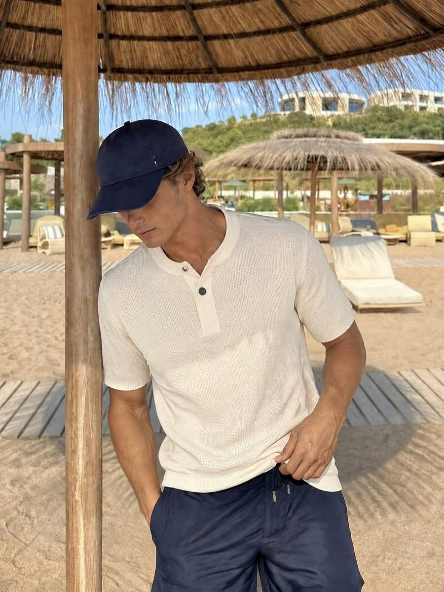 Camvyn Men's Casual Fashion Slim Fit Henley Collar Short Sleeve Shirt With Single Button - Beige - View 1
