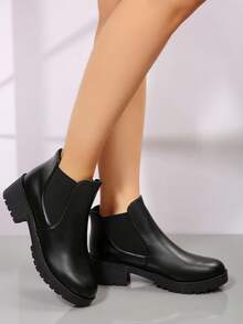 Ladies Fashion Black Slip‑On Short Chelsea Booties, Elastic Gore Ankle Boots With Chunky Block Heel For Daily Outdoor Wear - Black - View 1