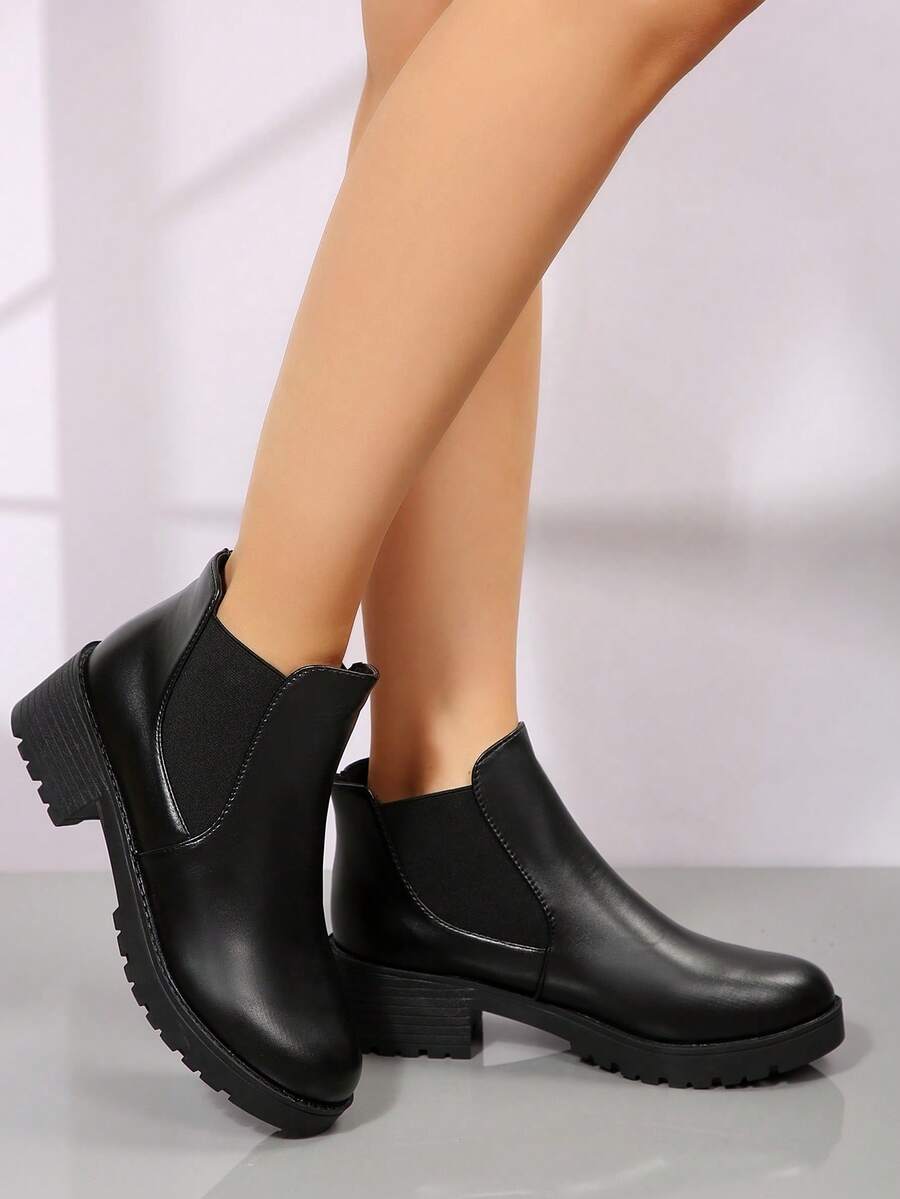 Ladies Fashion Black Slip‑On Short Chelsea Booties, Elastic Gore Ankle Boots With Chunky Block Heel For Daily Outdoor Wear - Black - View 1