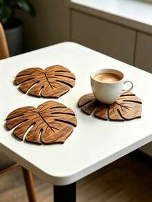 1/4/6pcs Monstera Natural Wooden Coaster Set, Heat-Insulating Coasters, Anti-Scalding Table Mats, Plate Coasters, Drink Coasters, Non-Slip Table Mats, Best Choice For Christmas, Perfect Gift For Thanksgiving - Multicolor - View 7