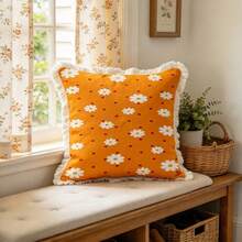 1PC Orange Polka Dot Daisy Print Tassel Square Pillow Cover, Double-Sided Printing, Simple And Fresh Style, Used For Sofa Bedroom Home Decoration, Versatile Decorative Pillow Cover(Excluding Pillow Core)-Size Excludes 3cm Tassels - Multicolor - View 2