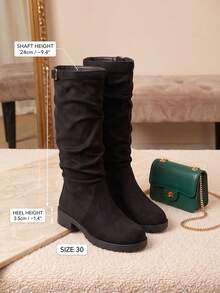 1 Pair Fashionable Kids' Tall Boots, Girls' Plus Size High-Top Boots, Black Suede Pleated High-Top Riding Boots, Thick Sole, Teenager Best Friend Outfit, Parent-Child Matching, Suitable For Autumn/Winter Daily Wear, Vacation And Travel - Black - View 3