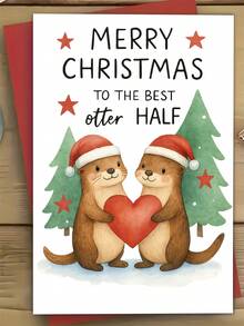 1pc Sweet Christmas Card For Partner, Husband, Wife – Playful Otter Cartoon Illustration, Romantic Holiday Greeting, Thickened, With Envelope - A - View 2