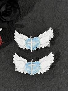 2pcs Sweet Cool Subculture Angel Wings Heart Cross Hair Clips, Niche Aesthetic Lolita Style Side Clips For Cosplay, Date, Photo Styling - Multicolor - View 3