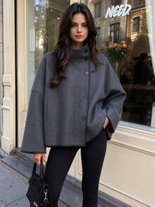 Seelio Autumn/Winter New Women's European & American Style Fashion Minimalist Versatile Loose High Neck Long Sleeve Button-Up Jacket - Dark Grey - View 1