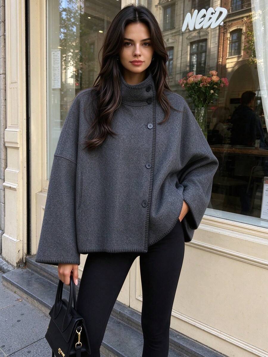 Seelio Autumn/Winter New Women's European & American Style Fashion Minimalist Versatile Loose High Neck Long Sleeve Button-Up Jacket - Dark Grey - View 1
