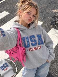 Tween Girl 1pc Thermal Lined Thick Warm Hooded Sweatshirt, Young Student Children's Clothing, Suitable For ' Autumn/Winter Long Sleeve Top - Grey - View 1