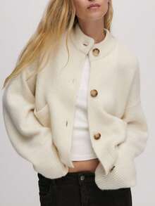 1pc Solid Color Knit Fabric Ribbed Front Button Pocket Cardigan, Suitable For Office, Home, Daily Wear, Autumn - Light Apricot Color - View 3