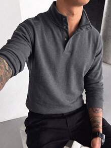 Men's Autumn/Winter Fashion Classic Button Loose Drop Shoulder Lapel Sweatshirt, Suitable For Daily Social Wear - Dark Grey - View 4