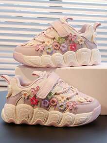1 Pair Girls Cute 3D Flower Hook & Loop Chunky Sneakers, Soft Sole Thick Bottom Casual Sports Sneakers, All Season - Pink - View 6