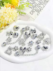20pcs Silver Series Shoe Charms, ABS Rhinestone Material Bear Crown Flower And Other Fashionable Shoe Decorations, Can Be Freely Matched, Suitable For Sandals, Slippers, Beach Shoes, Garden Shoes, DIY Decoration, Exquisite Gift Choice - Silver - View 3