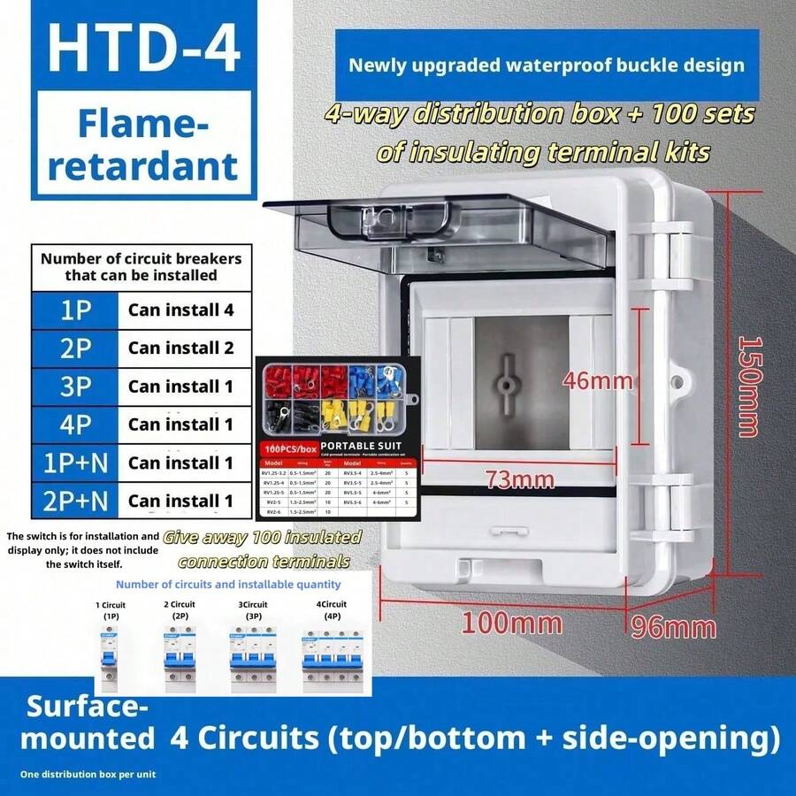 1pc IP66 White Plastic Waterproof Electrical Distribution Box Kit, 2-4 Way Wall-Mounted Flame Retardant Electrical Enclosure, Includes M16/M20 Connectors, Accessories And 100pcs RV Insulated Terminals, Suitable For Electric Vehicle Charging Stations And Outdoor Circuit Breaker Power Protection - Tower-style Waterproof Distribution Box Set - View 1