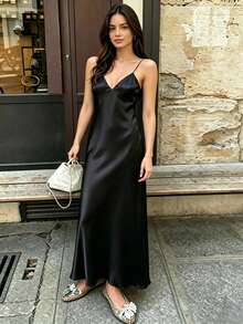 DEEKA New French Fashion Elegant Satin Texture V-Neck Spaghetti Strap Backless Midi Dress, Suitable For Party And Evening, Black Summer Style - Black - View 2