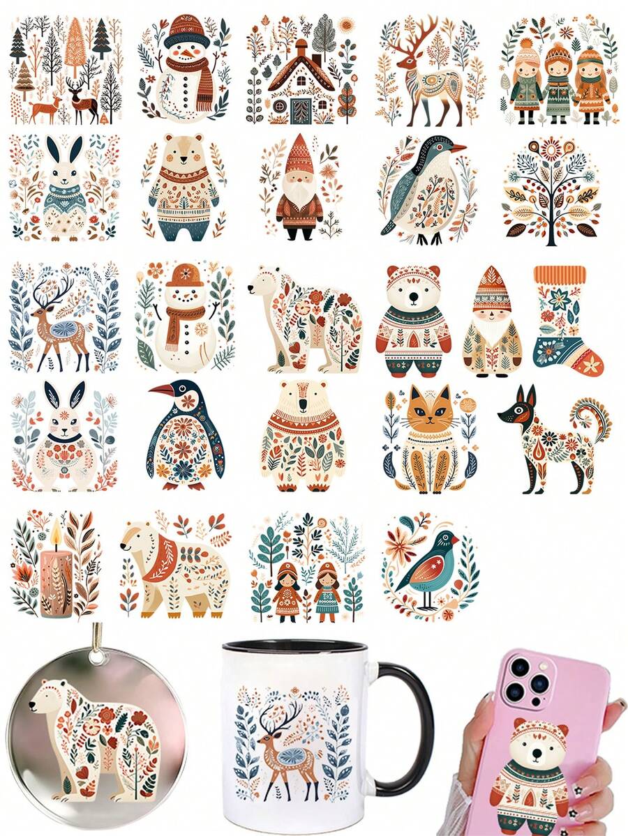 4pcs Nordic Folk Art Series Farm Animals & Floral DIY UV DTF Transfer ...