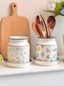 1pc Bowknot Floral Rabbit Ceramic Cutlery Holder, French Floral Chopsticks Fork Spoon Utensil Storage Can, Exquisite Cute Makeup Brush Storage Organizer, Suitable For Restaurant, Living Room, Kitchen, Bedroom - View 5