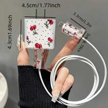 Set Pelindung Charger Ponsel Motif Polka Dot Cherry 2D 5pcs, Penutup Kepala Charger + Pelindung Kabel + Tali Penyimpanan + Pembungkus Spiral Pelindung Kabel Data, Kompatibel dengan Charger 20W/18W - MultiWarna - View 5