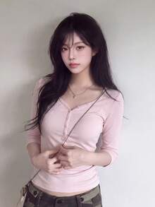 女款素色休閒長袖T恤，適合日常穿著 - 粉色 - 查看 4