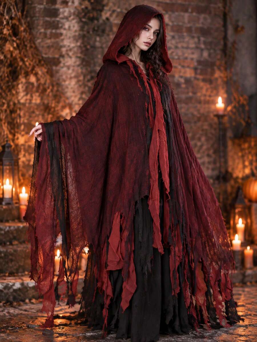Adult Halloween Hooded Ripped Cape Cloak Set, Suitable For Costume Party, Cosplay, Haunted House Decoration, Gift For Halloween Party Enthusiasts