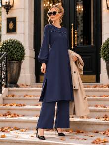 Women's Elegant Black Modest Two Piece Set – Pearl Detail Long Tunic & Wide Leg Pants – Chic Autumn - Navy Blue - View 3