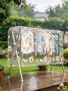 1pc Outdoor Clothes And Blanket Drying Cover - Waterproof Anti-Bird EVA Plastic Dust Cover, With Double-Pole Balcony Frame, No Power Needed For Clothes Storage And Drying, Multi-Purpose Rectangular Design, Balcony Storage Rack, Playful Pattern Design, Sturdy Pole Support, Luggage - Multicolor - View 7