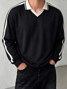Men's Spring/Autumn Long Sleeve T-Shirt, Colorblock Minimalist Loose Fit Drop Shoulder Airplane Collar - Black - View 1