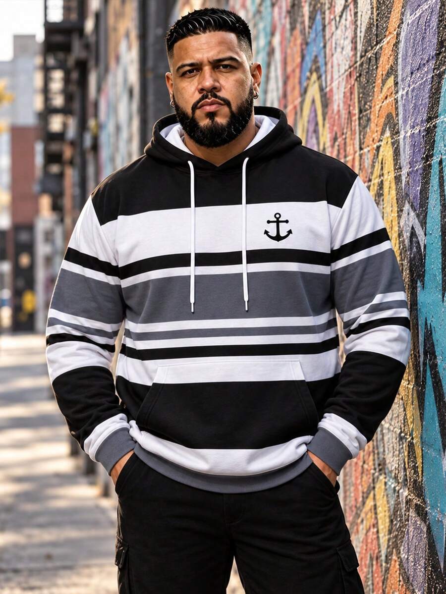 Hoodie Pria Ukuran Besar, Motif Garis Kotak-kotak, Gaya Kasual Sporty, Nyaman untuk Dipakai Sehari-hari, Mudah Dipadukan, Tunjukkan Gaya Anda - Hitam - View 1