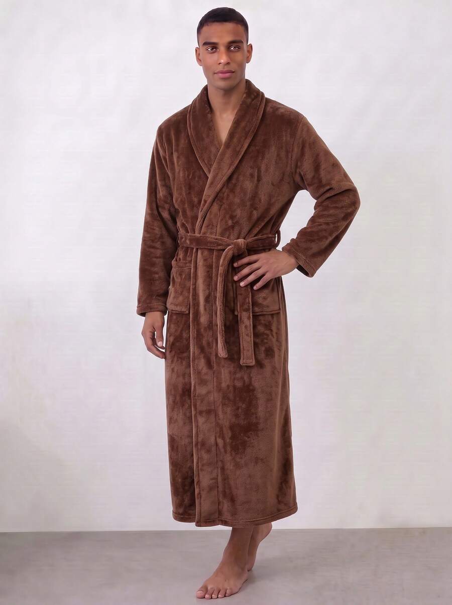 Snug League 1pc Unisex Flannel Kimono Robe, Loose Fit, Soft, Dual Pockets, Warm Lining, Suitable For Casual Wear, Autumn/Winter