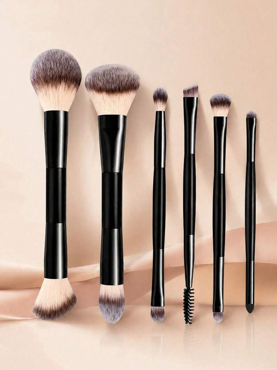 6pcs/4pcs/2pcs Dual-Ended Makeup Brush Set, Professional Soft Synthetic Bristle Face And Eye Makeup Brush Set, Suitable For Foundation, Blush, Eyeshadow, Eyebrow Blending And Other Makeup Tools, Girls Gift, Birthday Gift, Giveaway - Black - View 1