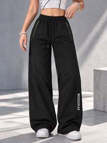 Women Black Wide Leg Pants With Elastic Drawstring Waist And Zipper Pockets Casual Loose Fit Full Length Trousers - Black - View 3