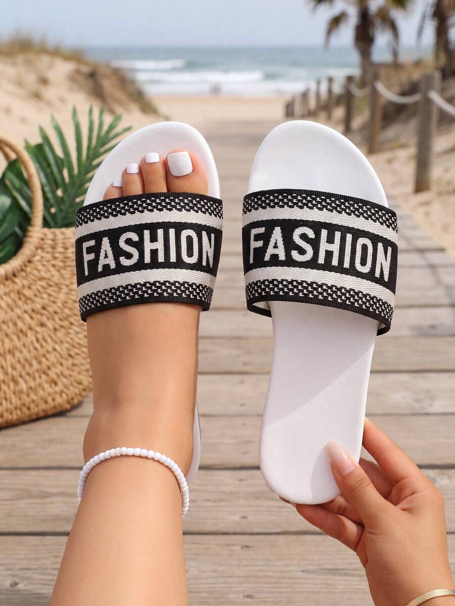 Black White Strap Slide Sandals, Chic Flat Open Toe Slippers With Letter Print, Summer Casual Shoes For Beach Holiday Daily Party - White - View 1