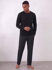 Snug League 2pcs Men's Plus Size Casual Loose Solid Crew Neck Long Sleeve Top With Pockets & Striped Lounge Pants Pajama Set, Suitable For Spring - Black - View 3