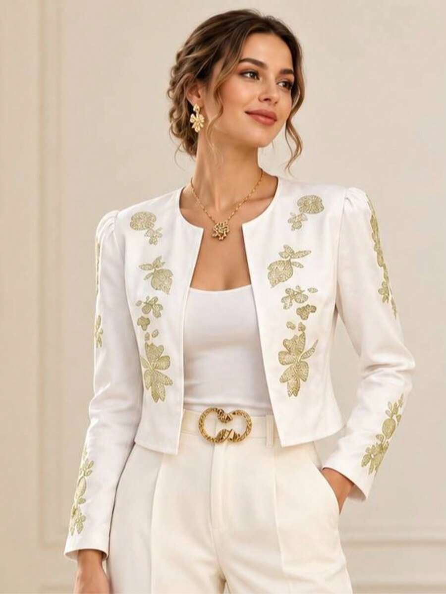 Women's Spring/Autumn Elegant Fashion Round Neck Long Sleeve Embroidered Minimalist Casual Jacket - White - View 1