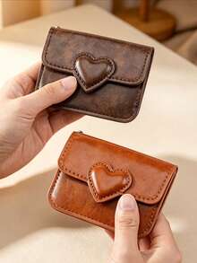 1pc Vintage Heart-Shaped Mini Card Holder, Exquisite PU Leather Compact Design With Hanging Chain, Can Store Bank Cards And Access Cards, Suitable For Daily Commute And Shopping, Simple Cute Mini Card Sleeve Coin Purse - Multicolor - View 6