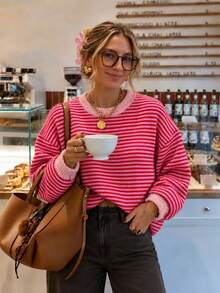 Women's Autumn/Winter Fashion New Minimalist Casual Versatile Home Daily Wear Round Neck Retro Striped Colorblock Loose Knit Sweater - Red - View 8