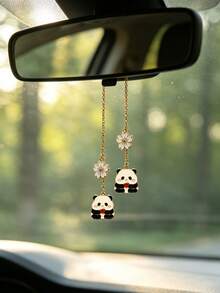 1pc Alloy Panda Pendant With Daisy Decoration, Car Rearview Mirror Hanging Decor, Car Interior Decoration Accessory - A - View 4