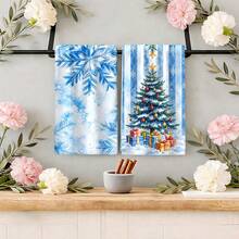 Blue Snowflake Christmas Tree Print Kitchen Towel, Gold Star Gift Box Winter Snow Scene Pattern Hand Towel, Fresh Ice And Snow Christmas Style Dish Cloth Tea Towel, Suitable For Kitchen Cooking, Baking, Cleaning And Wiping, Christmas Home Decor, Christmas Winter Party Housewarming Holiday Gift - Multicolor - View 6
