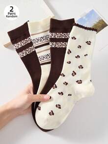 2 Pasang Kaos Kaki Pendek Wanita Motif Leopard, Putih dan Krem, Panjang Setengah Betis, Cocok untuk Musim Gugur/Dingin - MultiWarna - View 8
