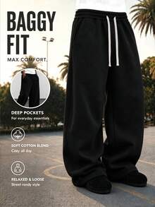 Men's Wear; 1 Pair Men's Loose Fashion Sports Long Pants, Minimalist Solid Color Wide Leg Casual Fit, Drawstring Waist Design, Built-In Large Pockets, Suitable For Daily Walking, Office, Travel And Other Occasions. A Perfect Father's Day Gift For Your Dad - Black - View 1