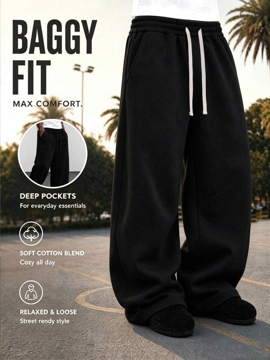 Men's Wear; 1 Pair Men's Loose Fashion Sports Long Pants, Minimalist Solid Color Wide Leg Casual Fit, Drawstring Waist Design, Built-In Large Pockets, Suitable For Daily Walking, Office, Travel And Other Occasions. A Perfect Father's Day Gift For Your Dad - Black - View 1