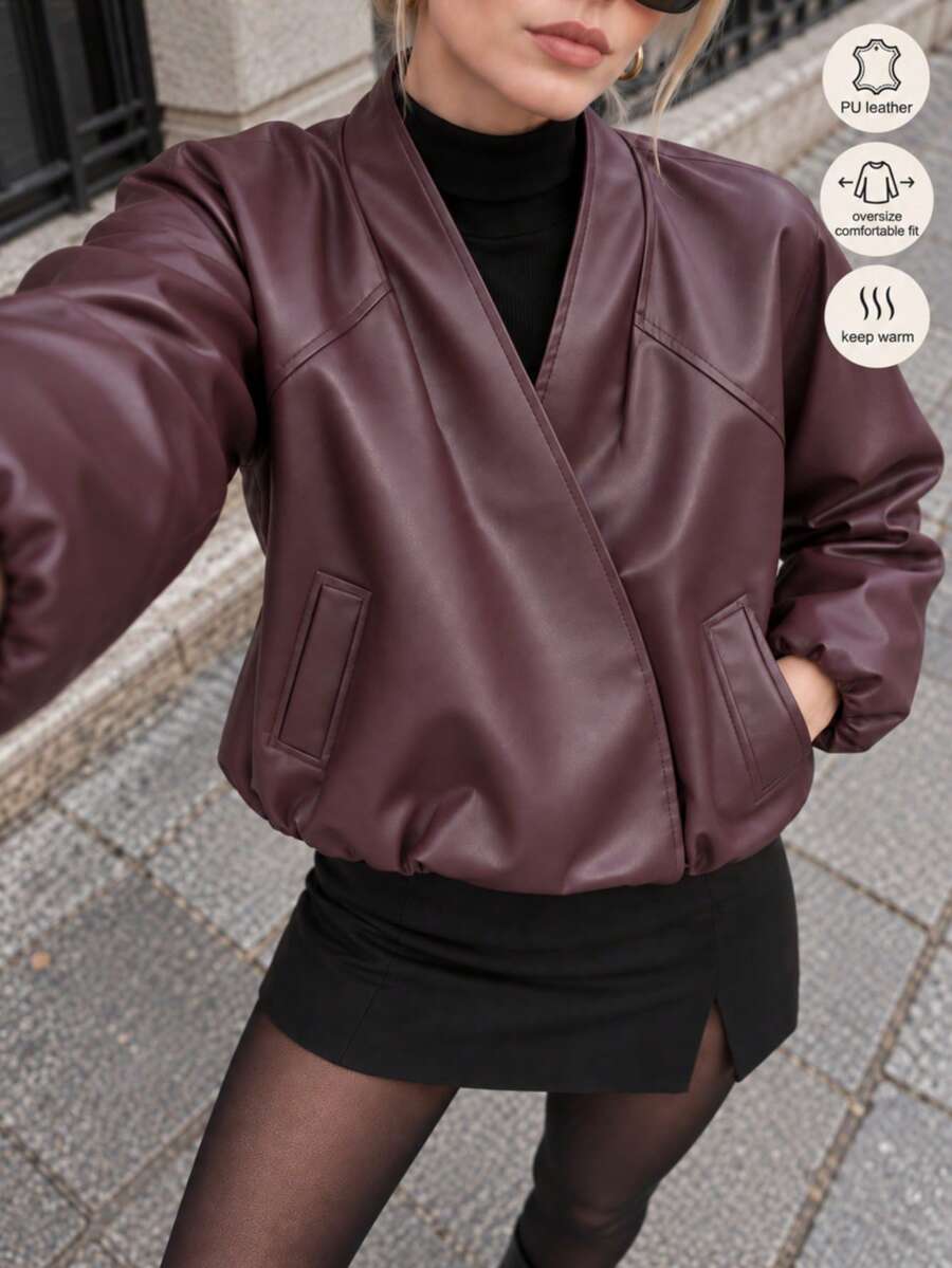 Women's Casual Burgundy Leather Look Bomber Jacket With V-Neck And Pockets - Burgundy - View 1