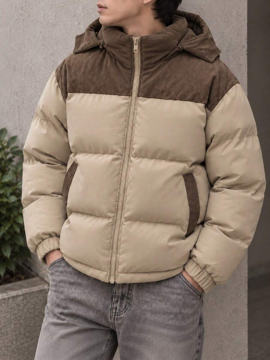 男士冬季連帽填充外套，燈芯絨拼接設計，標準版型，長袖附口袋