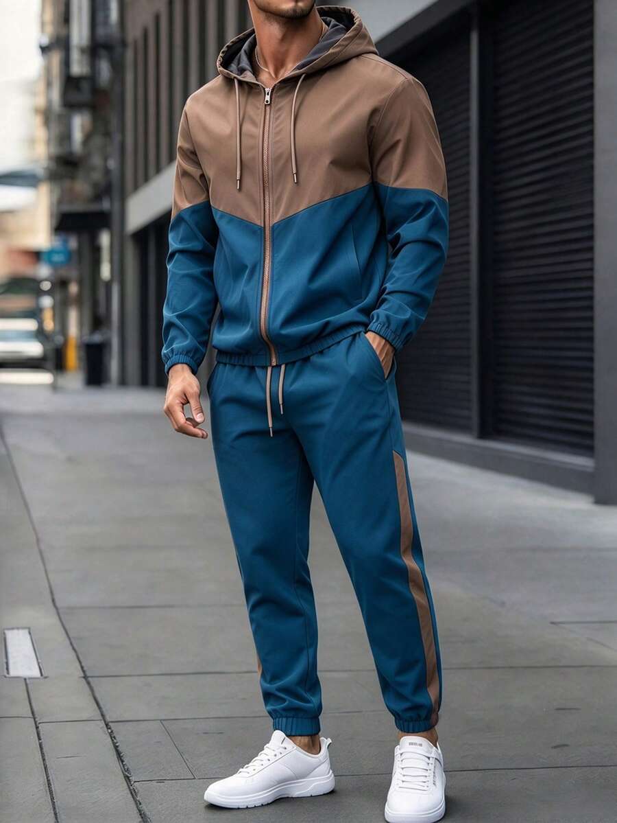 1 Set Men's Loose Brown & Navy Colorblock Sports Outfit, With Contrast Striped Joggers, Minimalist Street Style