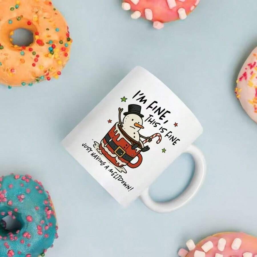 11oz Mug "I'm Fine, Just Having A Breakdown" Funny Snowman Christmas Mug, White Ceramic Coffee Cup, Holiday Kitchen Decor, 11oz, Meaningful Gift - Multicolor - View 1