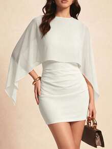 Solid Color Batwing Sleeve Patchwork Lightweight Elegant Party Dress, 2-In-1/Deconstructed Style, Suitable For Evening Party, Date, Vacation, Back To School, Birthday Party, Daily Wear, First Day Of School - White - View 4
