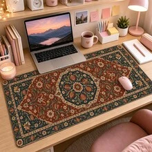 Vintage Pomegranate Floral Rug Mouse Pad, Persian Inspired Rust Red Navy Blue Botanical Medallion Pattern Large Extended Keyboard Desk Mat, Polyester Surface With Non-Slip Rubber Base For Home Office, Study And Boho Desk Decor - View 3