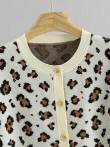 BYGOUBY Women's Autumn/Winter Leopard Print Front Button Long Sleeve Knit Cardigan, Casual Round Neck Drop Shoulder Sweater Jacket - Apricot - View 8