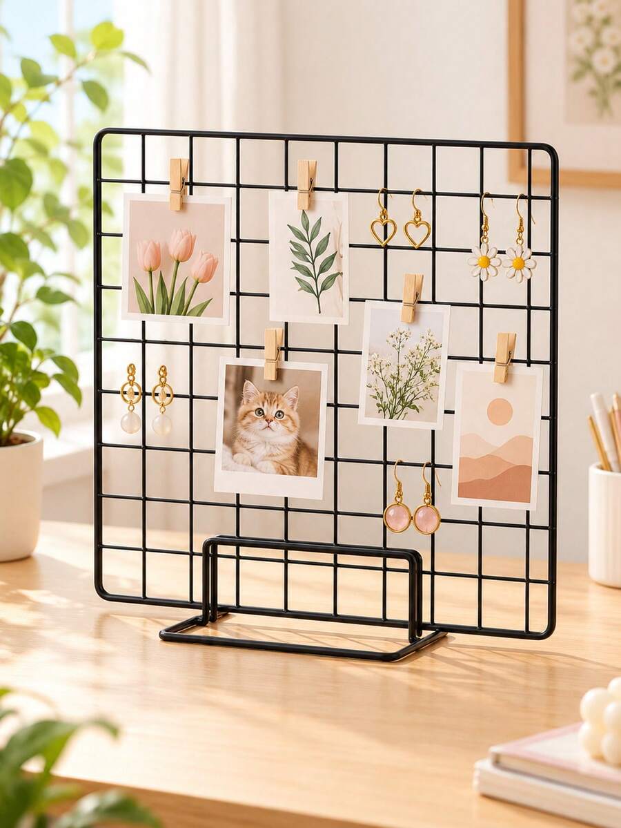 Black Metal Grid Photo Display Board, Minimalist Wire Grid Wall Decor Panel, Modern Picture Collage Board For Bedroom Living Room Office Aesthetic Decoration - Multicolor - View 1