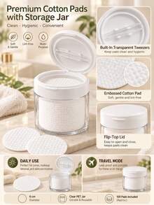 202PCS/101PCS/100PCS Soft Embossed Makeup Pad Pads With Transparent PET Jar 350ML, Double-Layer Sealed Flip Lid With Built-In Tweezers, Disposable Toner Pads For Travel And Daily Skincare Cleansing - Multicolor - View 4