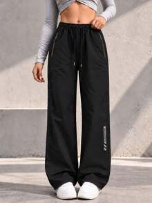 Women Black Wide Leg Pants With Elastic Drawstring Waist And Zipper Pockets Casual Loose Fit Full Length Trousers - Black - View 9